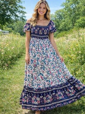 Boho Floral Maxi Dress XL Plus Size Off Shoulder Flowy Summer Cottagecore